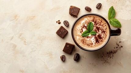 Hot mint mocha cappuccino latte top down with mint leaves coffee beans and chocolate bar flakes, simple beige table background, winter beverage drink