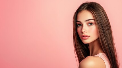 Fototapeta premium Beautiful woman with long hair poses elegantly in a soft pastel studio background, capturing a serene and creative atmosphere with ample copy space for versatile use.