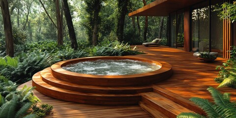 Fototapeta premium Tranquil outdoor hot tub on wooden deck nestled in lush forest.
