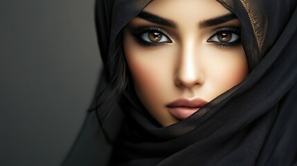 Naklejka premium Portrait of a beautiful muslim woman in hijab, captured in a stunning image with the hijab elegantly framing her face, complete with ample copy space for design elements.