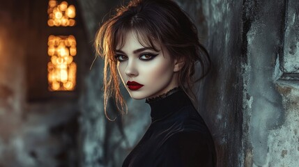 Fototapeta premium Gothic model captures attention in a striking outfit, accentuated by bold red lips and sharp features, set against a stunning ambience with warmth and ample copy space.