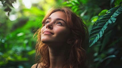 Fototapeta premium Young woman enjoying her travel experience in a serene forest, surrounded by lush greenery. The portrait captures her adventurous spirit, with ample copy space for text.