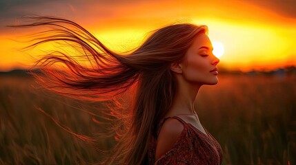 Fototapeta premium A woman with long hair blowing in the wind captures the essence of freedom against a backdrop of a warm sunset, creating a serene atmosphere with vibrant colors and ample copy space.