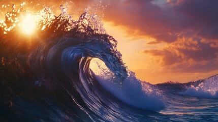 Dramatic ocean wave crashing at sunset.