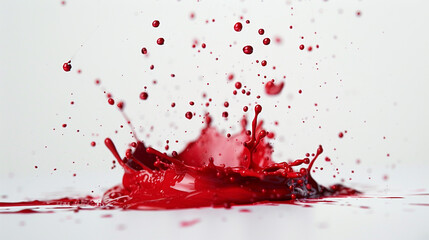 Fototapeta premium Bright red paint exploding on a pristine white background, droplets frozen in mid-air, emphasizing the stark color difference.