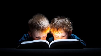 Two Children Enthralled by a Book in a Dark Space, Illuminated by the Light of Their Imagination, Capturing the Joy of Reading Together in a Magical Moment