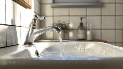 Close-up of a vintage-style faucet with water flowing into a porcelain sink. Perfect for websites focusing on home improvement, bathroom design, or water conservation.