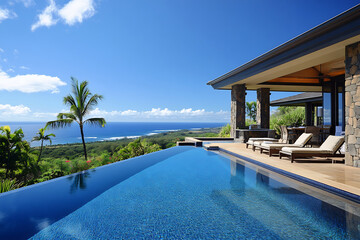 Fototapeta premium Luxury villa with infinity pool overlooking tropical landscape and ocean view. Modern outdoor design with lounge chairs under clear blue sky. Vacation and relaxation concept