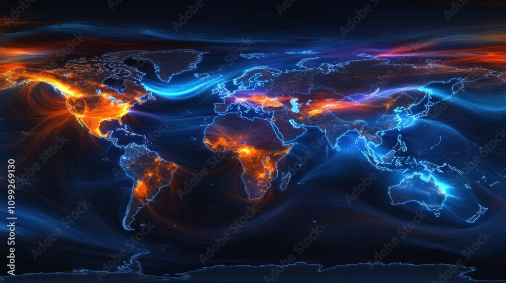 Aufkleber vibrant abstract global map with neon colors and flowing lines