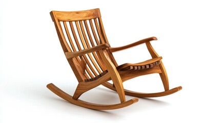 ustic homemade rocking chair crafted from natural oak, smooth curved runners, slatted backrest, and wide armrests, isolated on a white background