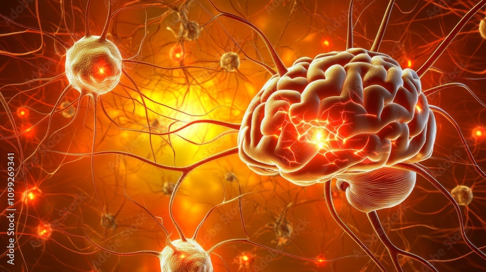 Aufkleber Intricate Neural Network with Brain and Neurons on Fiery Background