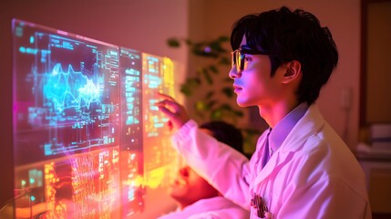 Obraz premium A futuristic hospital room filled with advanced medical equipment, a doctor in a white coat attending a patient lying on a high-tech bed, glowing holographic medical data screens