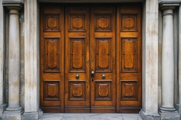 Ornate double wooden doors, detailed carvings, brass hardware. Perfect for themes of history, architecture, luxury, or entrance.