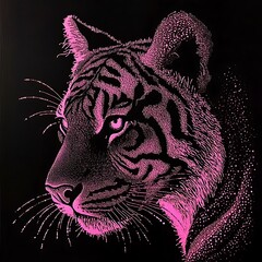 Obraz premium Stunning neon tiger portrait featuring pink glow and black contrast