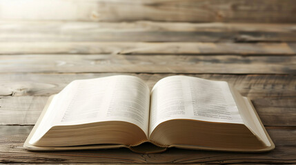 Obraz premium A Close-Up of an Open Bible on a Wooden Table, Sunlight Gently Illuminating the Pages, Focuses Attention on the Sacred Text, Creating a Serene and Contemplative Atmosphere