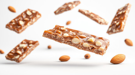 Airborne Almond Toffee Bark Pieces with Rich Caramel and Nutty Flavor, Against Pure White Background