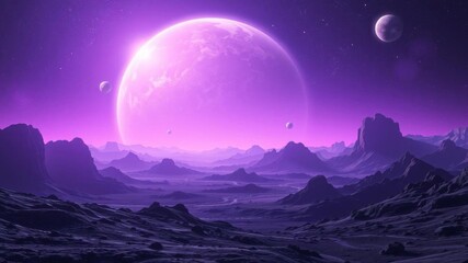 Space background featuring a purple planet landscape, stars, satellites, and alien planets in the sky, created using generative AI technology, landscape, satellites