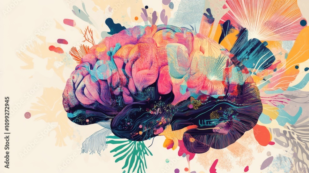 Poster colorful artistic representation of a human brain with abstract elements