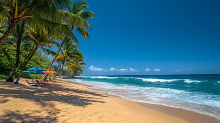 Idyllic tropical beach scene with palm trees, lounge chairs, and umbrellas under a vibrant blue sky.