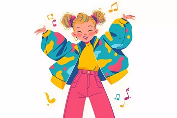 Fun teenage girl listens to music on headphones. Retro style 80s,90s,y2k. cartoon bright illustration