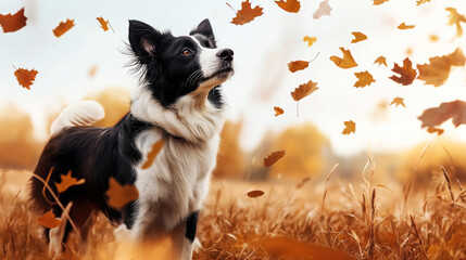 Obraz premium Border collie dog standing in a field of long grass with autumn leaves falling around during a bright fall morning, capturing the essence of autumn and nature's beauty.