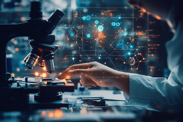 Fototapeta premium Microscope and Futuristic Interface: A Glimpse into the Future of Scientific Discovery and Technological Advancement