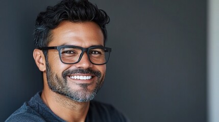 Fototapeta premium Smiling Adult Hispanic Man with Sleek Glasses Against Dark Background
