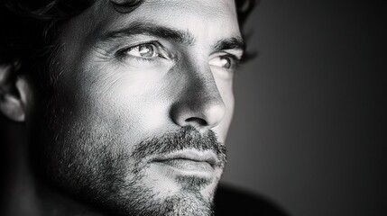 Fototapeta premium Contemplative Man in Black and White Portrait with Deep Expression