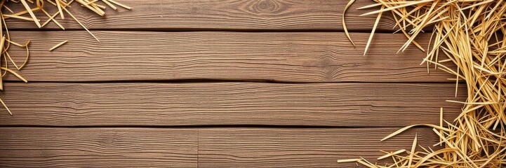 Top view of a rustic frame made of dried hay on a wooden background with space for text, text, space