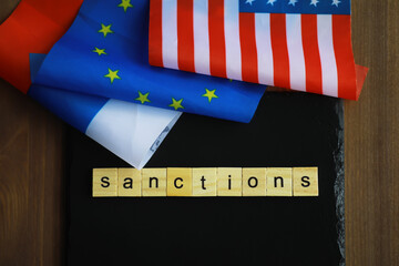 Flags of EU, USA, and Russia with Sanctions Text for Geopolitical and Economic Themes in Stock...