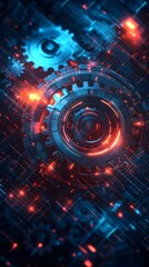 Obraz premium Abstract gears and circuits glowing in red and blue.