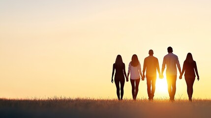 Fototapeta premium Group of Friends Walking Together at Sunset, Silhouette Against Golden Sky, Holding Hands and Enjoying Nature, Bonding Moment Outdoors