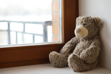 Cozy Stuffed Teddy Bear Sitting by Window on Peaceful Winter Day