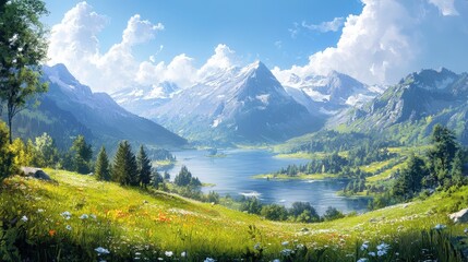 Fototapeta premium A breathtaking landscape featuring mountains, a serene lake, and vibrant greenery under a bright blue sky.