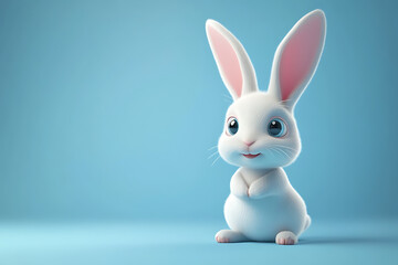 Fototapeta premium A cute, cartoon-style white rabbit with large ears and expressive eyes on a blue background.