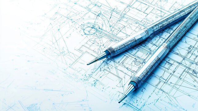 Blueprint and Drafting Tools on White Background