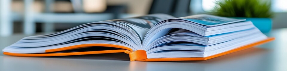 Naklejka premium Open book on a table with colorful pages and a decorative plant in a modern workspace