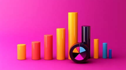 Colorful Bar Graph and Pie Chart Display on Bright Pink Background