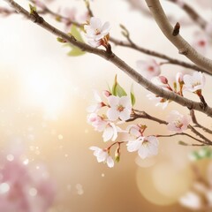 Obraz premium Cherry blossom branch background. Beautiful nature spring background with a branch of blooming Quince. Copy space for text