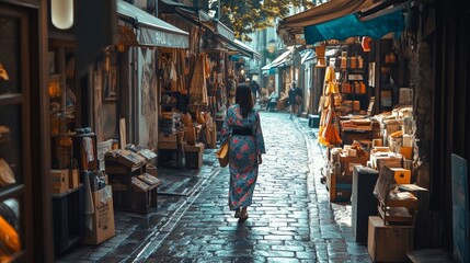 Obraz premium A Woman in a Kimono Walking Through a Charming Market Street Filled with Unique Goods
