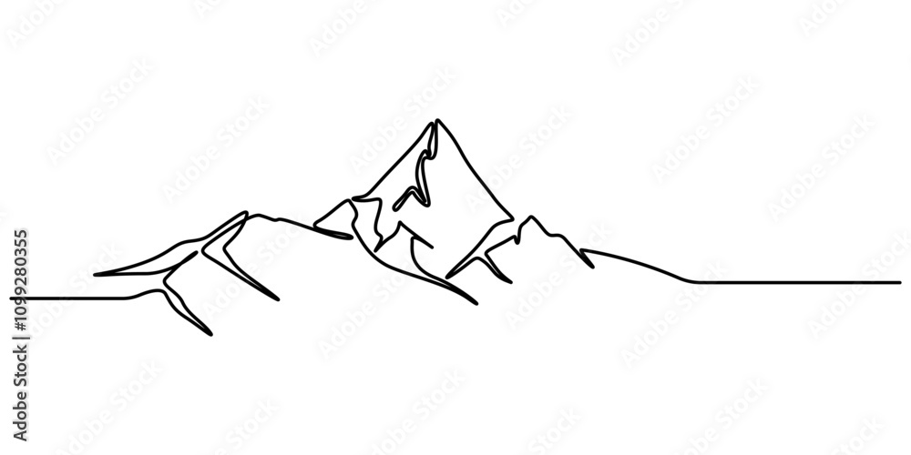 Poster One continuous line drawing of mountain range landscape, Continuous line drawing of mountain range landscape top view of mounts in simple linear style vector illustration, Mountains Continuous Line 