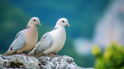 Fototapeta premium Two Elegant Birds Perched on a Rock Against a Soft Background