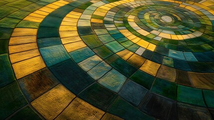 Fototapeta premium Aerial view of expansive farmland with circular irrigation patterns, vibrant green and brown sections forming intricate geometric designs, sunlight casting bright highlights,