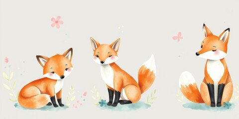 Watercolor illustration set of adorable baby foxes in various poses and expressions, set, whimsical