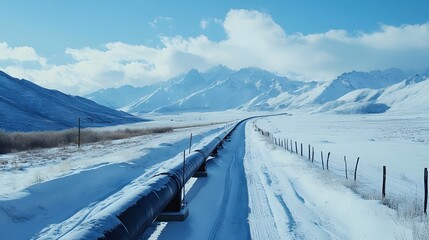 Pipeline across snowy mountain valley.