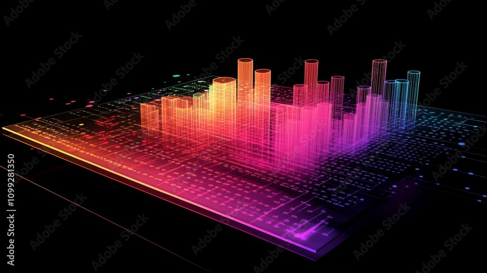 Poster colorful abstract data visualization with 3d bar graph and lines