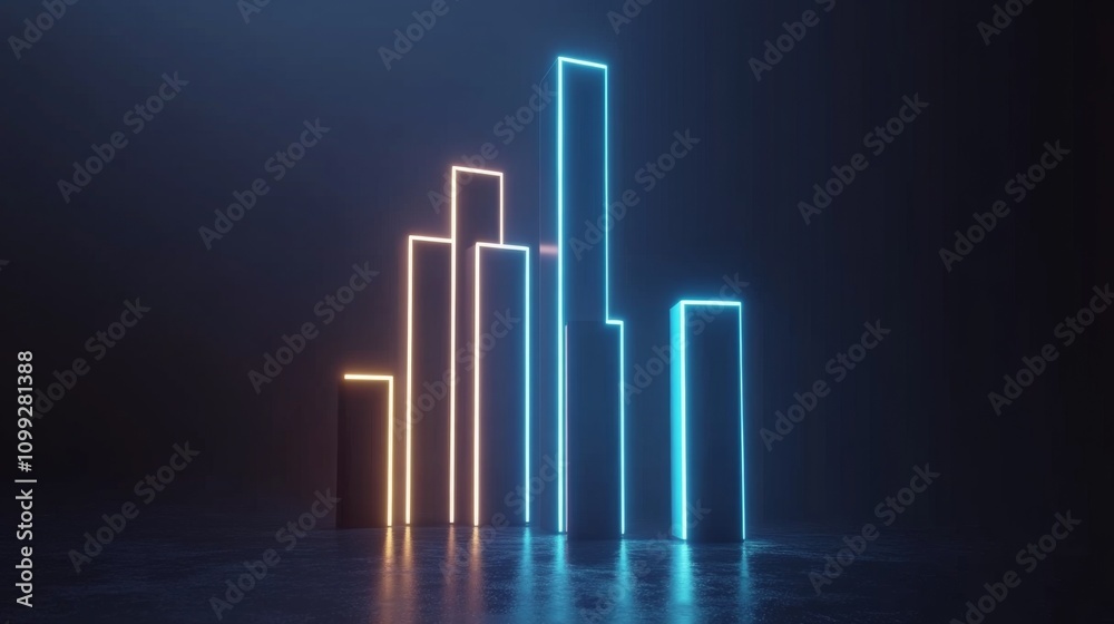 Poster futuristic neon graph bars in dark space with glowing lights