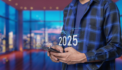 Concept of Transition from 2024 to 2025 with Technology Background Progress and transition from 2024 to 2025 concept006