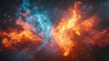 Obraz premium Fiery nebula in space with vibrant orange and blue hues.