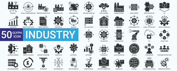 Industry icon set with industrial revolution, smart factory, digital transformation, smart machine, manufacturing, technology, smart appliance, customer satisfaction, data management and production